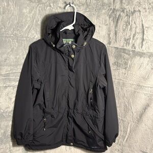LL Bean coat women’s medium petite black with purplish blue acce